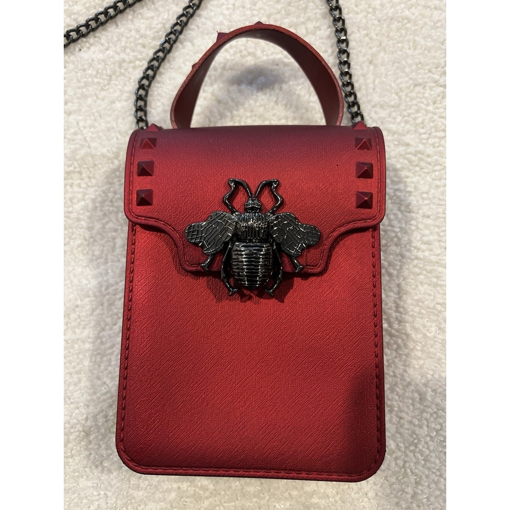 Magnetic Clutch Purse Red With a Metal Beetle Made With A‎ Thick Vinyl And Chain